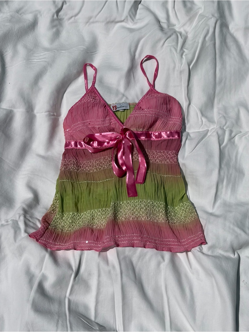 Y2K Pink and Green Satin-Trim Spaghetti Strap Tank - Picture 4 of 4